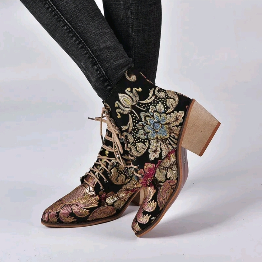 Flora Tapesrtyl Lace-Up Ankle Boots - Black and Multicolor - Picture 4 of 12